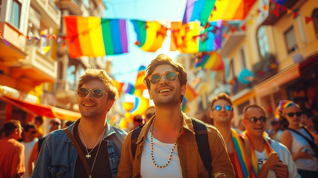 Lovely laughing Caucasian male gay couple having fun at the LGBTQ together and rainbow colorful flags in celebrate pride mouth parade. AI-Generated photo