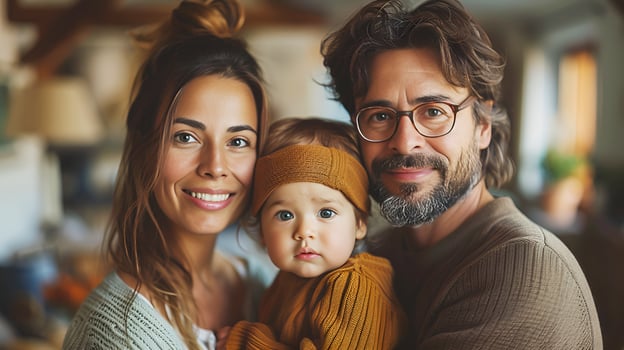 Portrait of a latin american family with parents and cute child toddler kid at happy home. AI-Generated photo