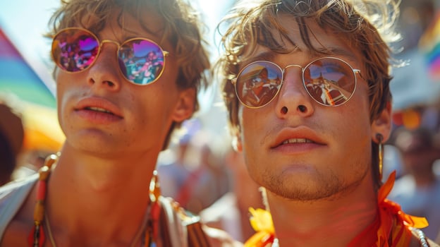 Lovely laughing Caucasian male gay couple having fun at the LGBTQ together and rainbow colorful flags in celebrate pride mouth parade. AI-Generated photo