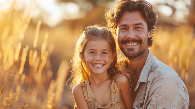 Caucasian family smiling with father and daughter sitting on glass field in natural sunset and sunrise, destination travel in summer. AI-Generated photo