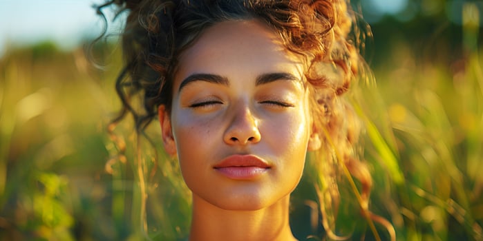 Young Caucasian woman is close her eyes for relaxing and calming outdoors to relieve her anxiety in flowers field meadow with natural sunset and sunrise for homeopathy. AI-Generated photo