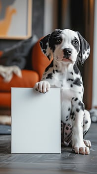 Cute puppy Dalmatian sitting next to a plain white canvas photo