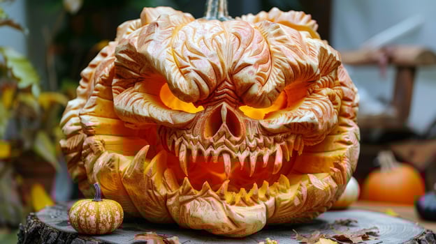 The spooky art of carving pumpkins on Halloween holiday. AI-Generated photo