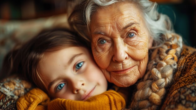 Caucasian elderly senior paternal grandmother and granddaughter teenage is relaxing and smiling at home together. AI-Generated photo