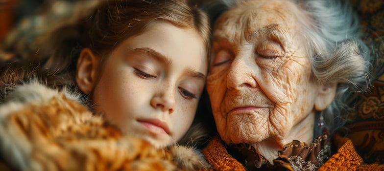 Caucasian elderly senior paternal grandmother and granddaughter teenage is relaxing and sleeping at home together. AI-Generated photo
