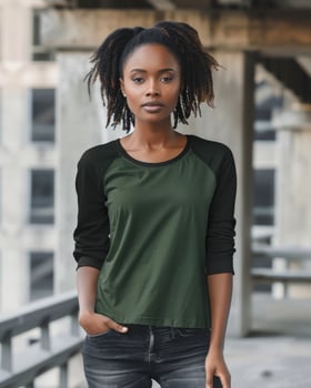 A woman in a green raglan shirt with black sleeves stands confidently photo
