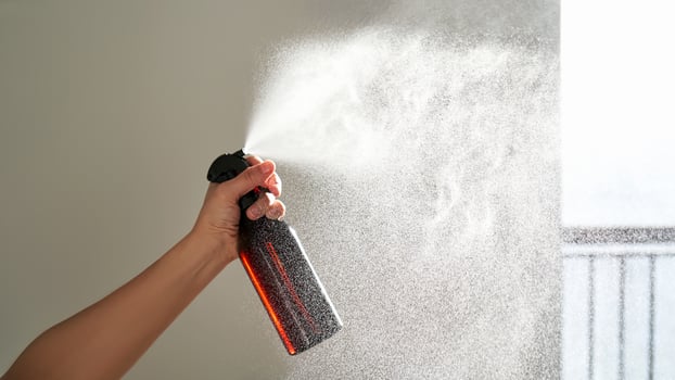 A woman's hand sprays an air freshener in a room. photo