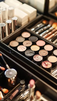 Make-up cosmetic product, beauty products and cosmetics swatch sample flatlay, various makeup brand tools as glamour fashion night out background photo