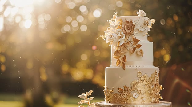 Wedding cake adorned with intricate floral decorations, set in a luxurious room. The cake features multiple tiers, each embellished with delicate white roses and golden leaves, creating a photo