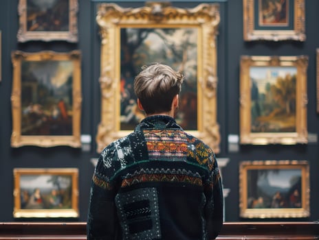 Back of an adult person looking at renaissance style paintings in an old museum art gallery photo