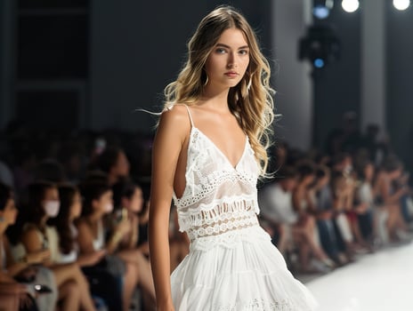 A woman in a white dress is walking down a runway in front of a crowd photo
