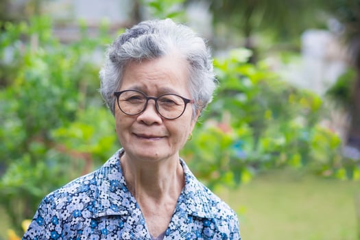 Senior Asian woman looking at camera while standing in a garden photo