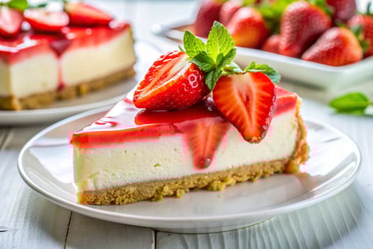 A white plate with tasty strawberry cheesecake on white table photo