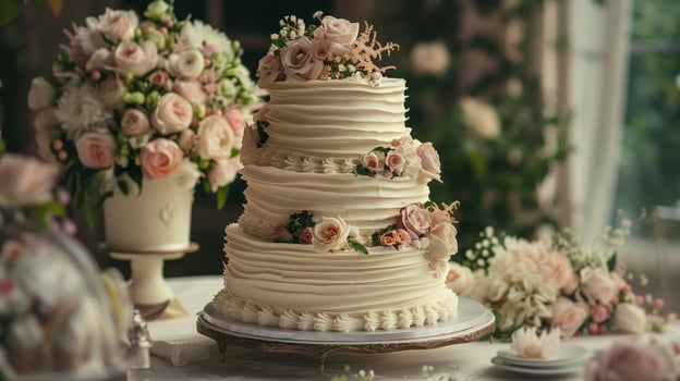 Elegant three-tier wedding cake adorned with pink flowers, paired with beautiful floral arrangements, perfect for special celebrations. photo