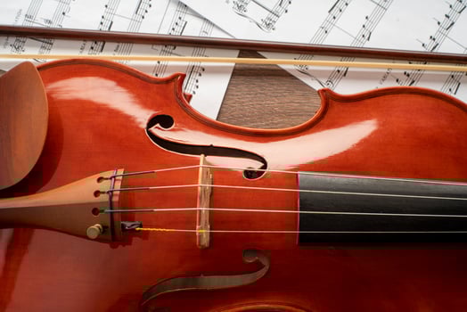 Close up of a violin with a bow photo