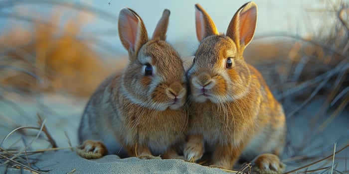 A pair of brown rabbits are perched side by side on a boulder photo