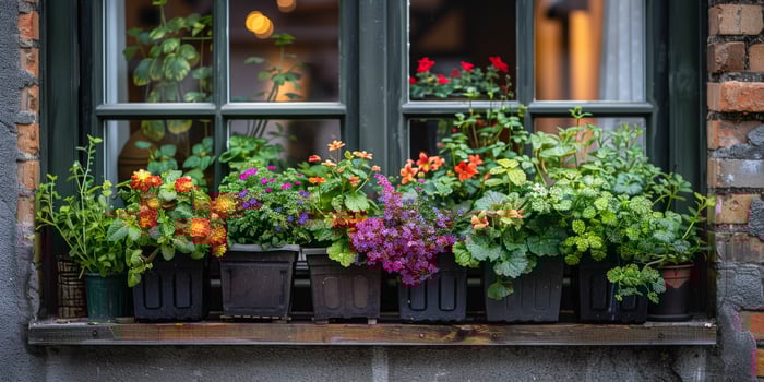 A window sill adorned with an array of potted plants and flowers photo