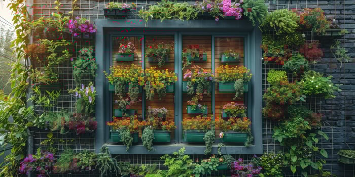 Window surrounded by plants and flowers on a brick wall photo