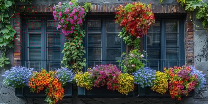 The balcony is adorned with colorful flowers, creating an inviting atmosphere photo