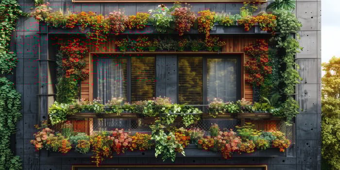 A building has a window adorned with flowers and plants photo