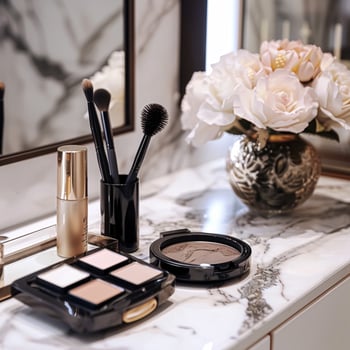 Make-up cosmetic product, beauty products and cosmetics swatch sample flatlay, various makeup brand tools as glamour fashion night out background photo