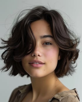 Young Girl with ear length layered bob hairstyle and sunlit brunette hair, looking directly at the camera with a light smile Hispanic photo