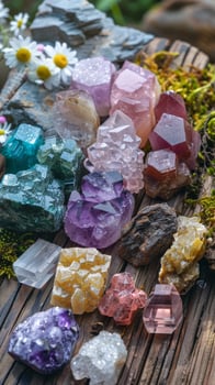 Healing crystals like amethyst, rose quartz, and obsidian on wooden surface. New age vertical banner photo