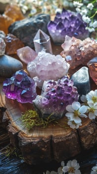 Healing crystals like amethyst, rose quartz, and obsidian on wooden surface. New age vertical banner photo
