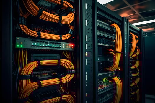 Fiber Optic cables connected to an optic ports in data center photo