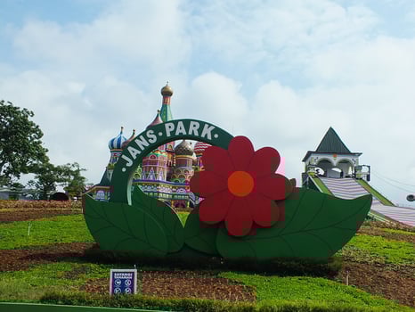 Sumedang, West Java, Indonesia, May 24, 2024. view landscape of a tourist spot called Jatinangor amusement Park, with magnificent and beautiful building with colorful paint photo