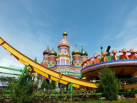 Sumedang, West Java, Indonesia, May 24, 2024. view landscape of a tourist spot called Jatinangor amusement Park, with magnificent and beautiful building with colorful paint photo