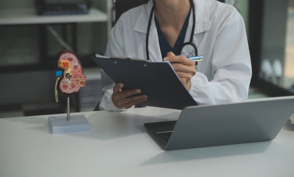 Female doctor explaining to patient results of model the process of patients. Diagnosis of diseases for Model Internal organ. photo
