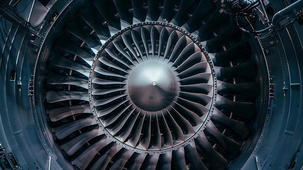 Close-up of a jet engine, showcasing its intricate fan blades and powerful design photo