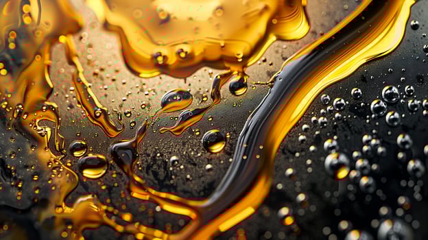 Macro close-up of golden liquid with bubbles on a dark surface photo