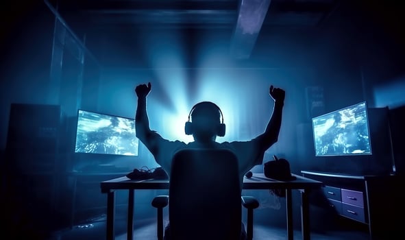 happy male esports player gamer behind the monitor happy to win the cyber sport game competition. illustration photo
