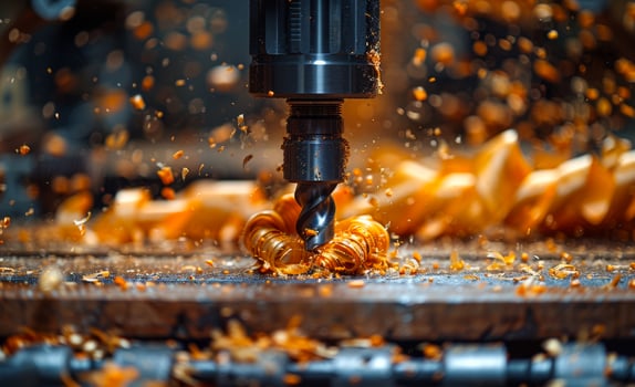 A black drill bit is spinning and chiseling wood photo