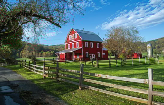 A red farmhouse with a large barn and a fenced-in yard photo