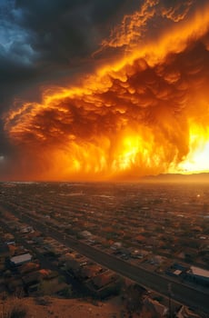 A large orange cloud is in the sky above a city photo