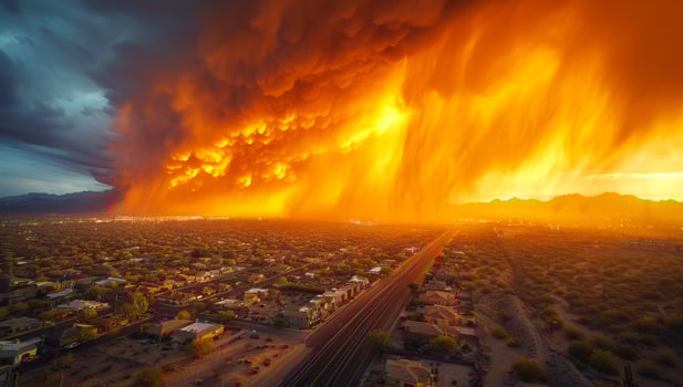 A city is shown with a large orange cloud in the sky photo