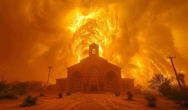 A church is on fire and the sky is orange photo