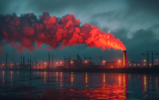 A large red smoke plume is rising from a factory photo