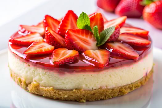 A delicious strawberry cheesecake on a table photo