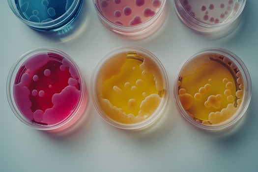 a row of Petri dishes with variously colored bacteria and microbial colonies on a white background. Microbial growth and diversity, for educational or scientific purposes for microbiology. photo