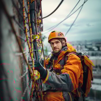 A construction worker is climbing a scaffold to perform maintenance on a tall building photo
