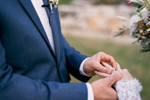 Groom puts the ring on the bride hand. Cropped. Faceless photo