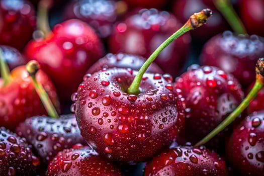 Background filled with the close-up details of ripe maroon cherries photo