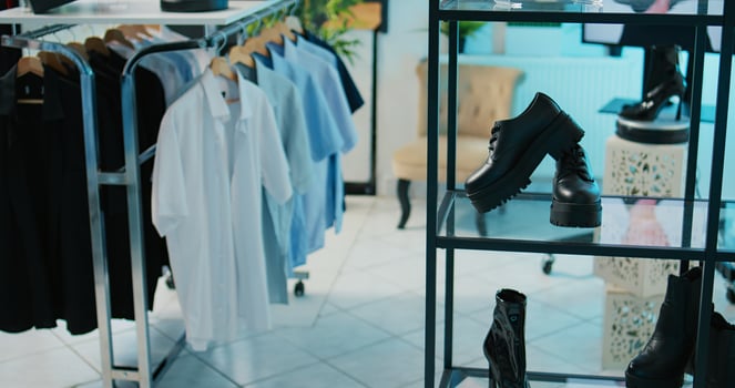 Empty modern clothing store filled with formal wear designs, retail shop with fashion items on hangers and racks. Shopping center boutique with trendy accessories and shoes on display. Camera B. photo