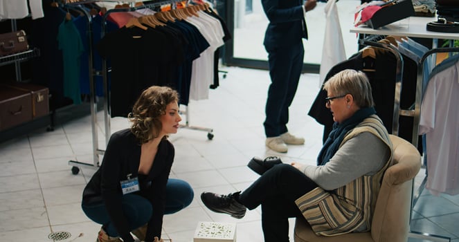 Elderly woman searching for a comfortable pair of shoes at mall, asking retail assistant about available sizes. Store employee recommending various footwear models for senior client. Camera B. photo