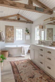 White bathroom interior with plants and flower. photo
