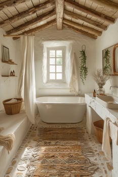White bathroom interior with plants and flower. photo